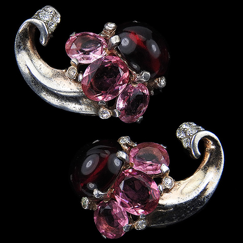 Trifari Sterling 'Alfred Philippe' Pink Topaz and Ruby Cabochon Cornucopia Clip Earrings