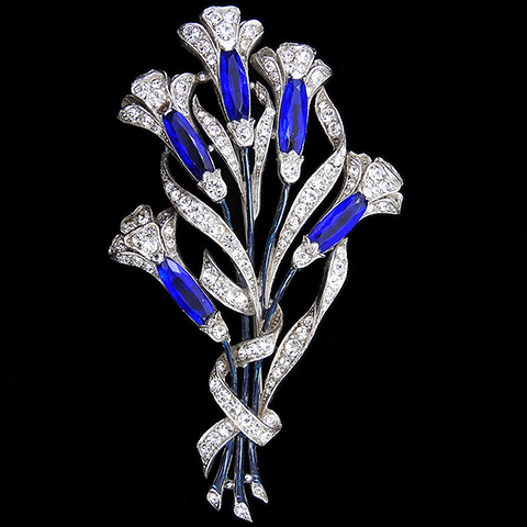 Trifari 'Alfred Spaney' Pave Enamel and Sapphire Lozenges Five Flower Calla Lily Floral Spray with Bow Pin