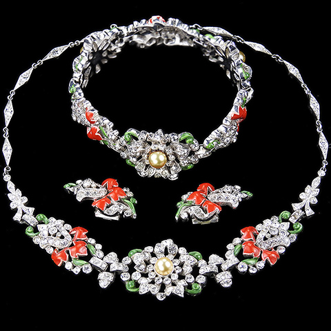 Trifari 'Alfred Philippe' Pave Pearls and Red Enamel Leaves Flowers and Bellflowers Necklace, Bracelet and Clip Earrings Set