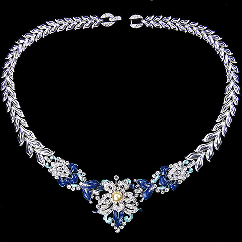 Trifari 'Alfred Philippe' Pave Trembler Pearl Rose and Blue Enamel Leaves and Bellflowers Necklace