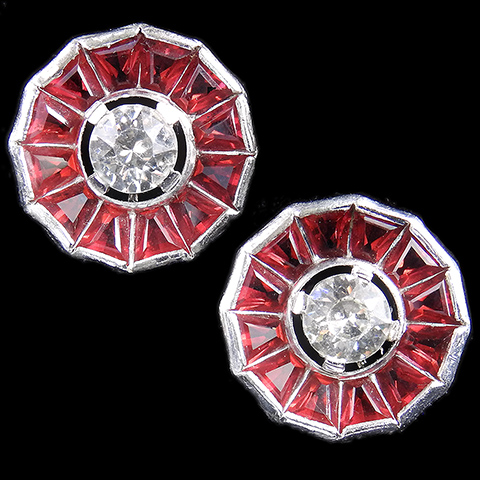 Trifari 'Alfred Philippe' Pyramid Cut Rubies and Diamante Chatons Pinwheel Circle Screwback Earrings