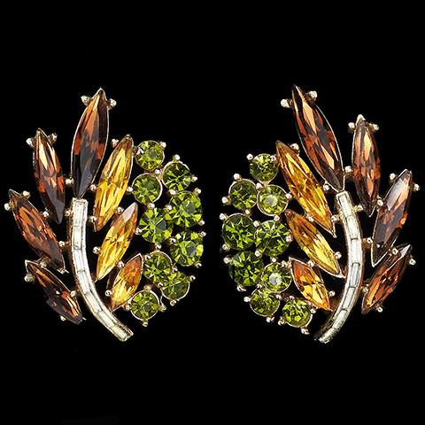 Trifari 'Alfred Philippe' 'Esplanade' Gold Diamante Baguettes Olivene Berries and Citrine and Topaz Leaves Clip Earrings