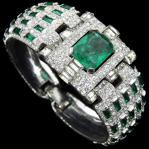 KTF Trifari 'Alfred Philippe' Pave Table Cut Emerald and Studded Emerald Baguettes Hinged Bangle Bracelet