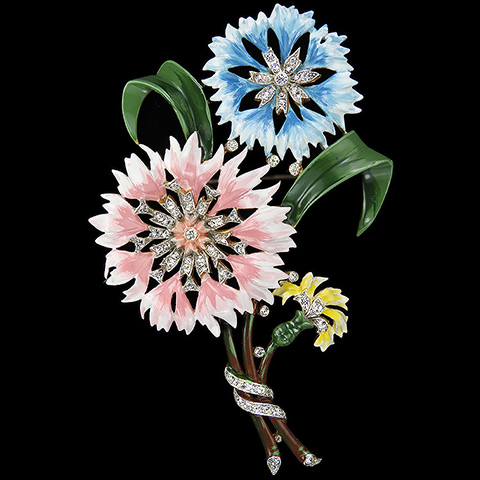Trifari 'Alfred Philippe' 'Rue de la Paix' Pave and Enamel Light Blue, Pink and Yellow Double Carnations Giant Flower Pin
