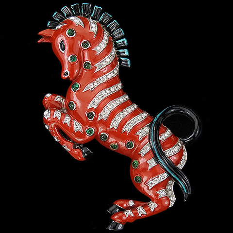 Trifari 'Alfred Philippe' Emerald Cabochons and Red and Black Enamel Prancing Zebra Pin Clip
