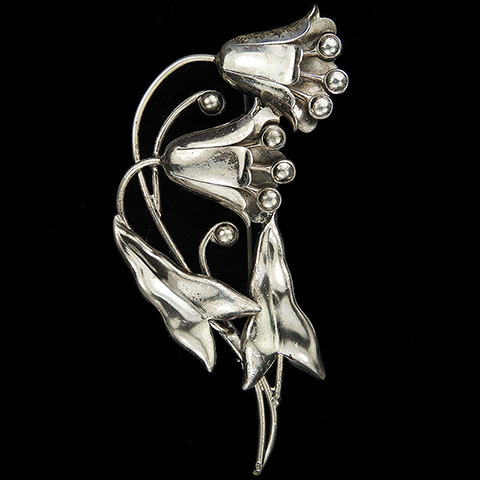 Trifari Sterling 'Alfred Philippe' Giant Double Bell Flowers and Arrow Shaped Leaves Floral Spray Pin