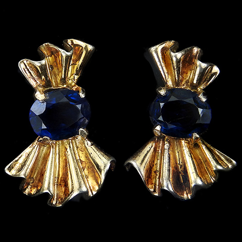 Trifari Sterling 'Alfred Philippe' Gold Bow Swirl and Sapphire Clip Earrings