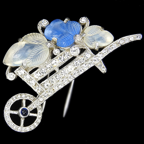 Trifari 'Alfred Philippe' Blue and White Moonstone Fruit Salads Small Wheelbarrow Pin Clip