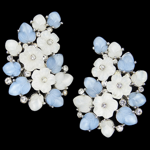 Trifari 'Alfred Philippe' 'Bois de Boulogne' Large Pastel Blue and White Moonstone Fruit Salads Floral Clip Earrings