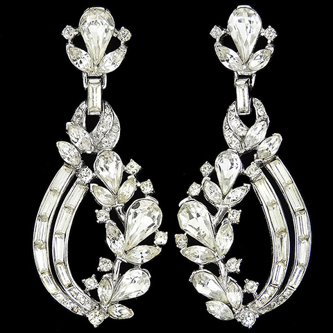 Trifari 'Alfred Philippe' Baguette Swirls and Flowers Pendant Clip Earrings