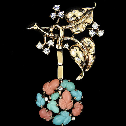 Trifari 'Alfred Philippe' 'Fragonard' Pastel Fruit Salad Apple Pendant from a Spangled Golden Leaf Branch Pin