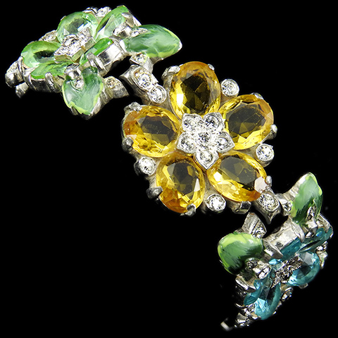 Trifari 'Alfred Philippe' Pastel Stones Aquamarine Peridot and Large Citrine Flower and Enamel Leaves Floral Bracelet