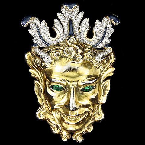 Trifari 'Alfred Philippe' Gold Pave and Enamel Bacchus Roman God Face Mask with Empress Eugenie 'Rococo' Crown Pin Clip