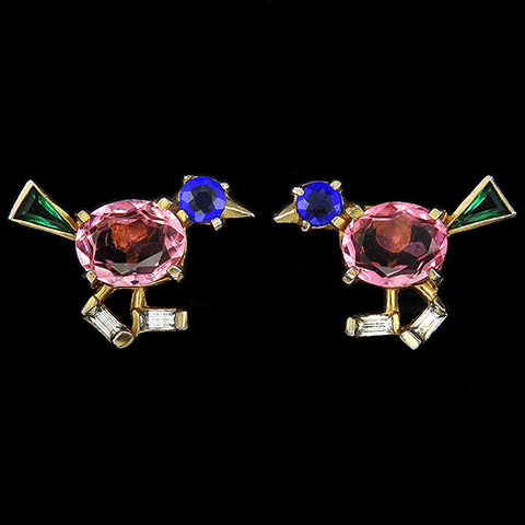 Trifari 'Alfred Philippe' Gold and Multicolour Stones Walking Bird Screwback Earrings