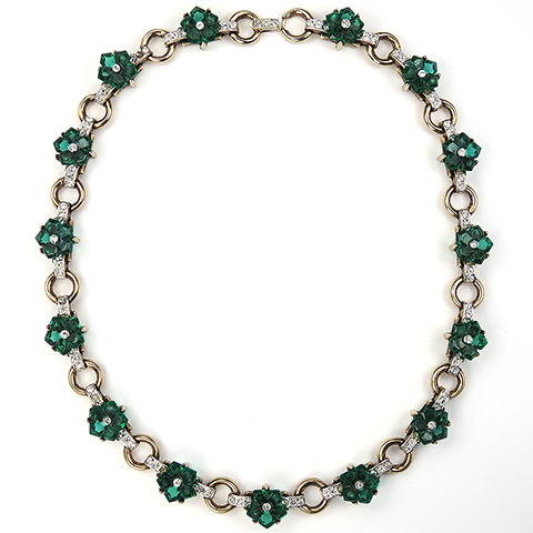 Trifari 'Alfred Philippe' 'Fleur de Paris' Gold Pave and Emerald Fruit Salad Flowers Choker Necklace