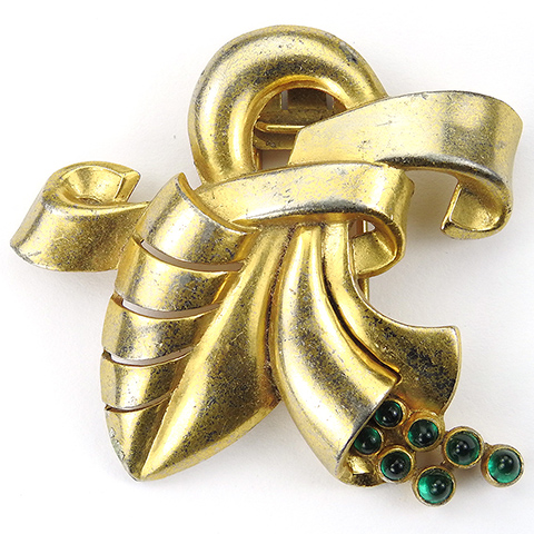 Trifari 'Alfred Philippe' Deco Gold Swirls and Emerald Cabochon Fruits Floral Pin Clip