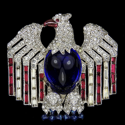 Trifari 'Alfred Philippe' WW2 US Patriotic Stars and Ruby Baguette Stripes Sapphire Cabochon American Eagle Pin