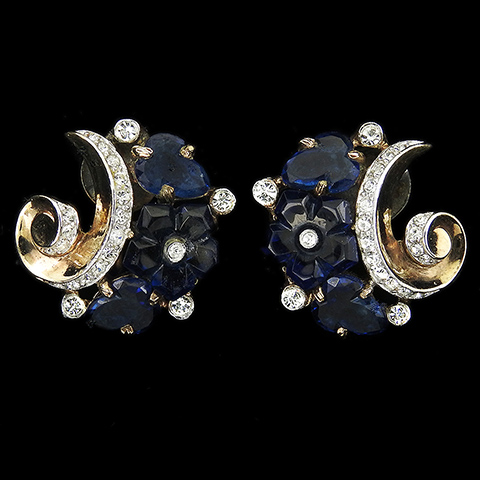 Trifari 'Alfred Philippe' 'Fleur de Paris' Gold Pave and Sapphire Fruit Salad Flower Swirl Screwback Earrings