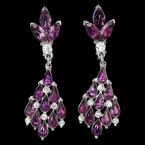 Trifari 'Alfred Philippe' Amethyst Teardrops and Navettes Diamond Shaped Lattice Pendant Clip Earrings