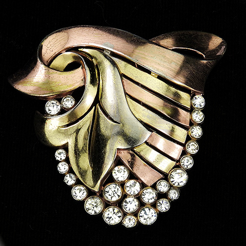Trifari 'Alfred Philippe' Deco Two Colour Gold Stylized Spangled Leaf Swirl Pin Clip