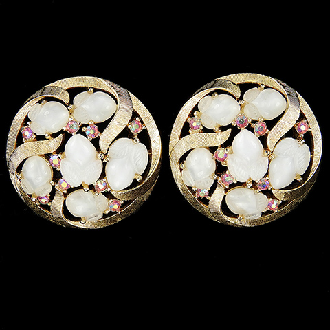 Trifari 'Alfred Philippe' 'Printemps' Gold Swirls Aurora Borealis Spangles and Six White Moonstone Fruit Salads Button Clip Earrings