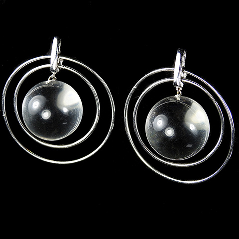 Trifari 'Space Jewels' Modernist Crystal Ball Spheres and Platinum Rings Pendant Clip Earrings