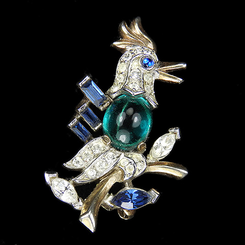 Trifari 'Alfred Philippe' Gold Pave and Emerald Cabochon Miniature Woodpecker Bird Scatter Pin