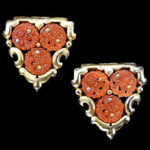KTF Trifari 'Alfred Philippe' 1930s Ming Series Pair of Gold and Carved Carnelian Dress Clips