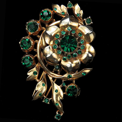 Trifari 'Alfred Philippe' Gold and Emerald Climbing Rose Flower Swirl Pin Clip