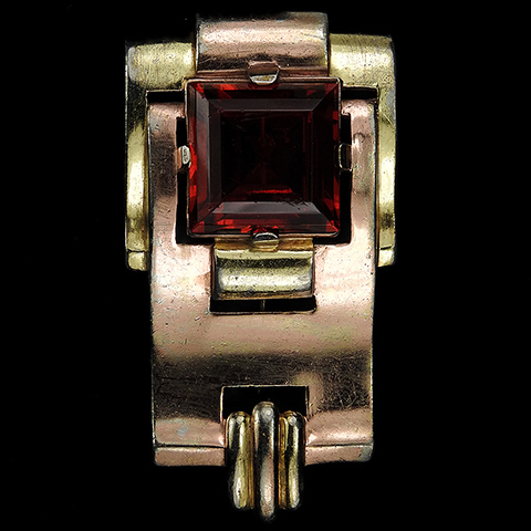 Trifari 'Alfred Philippe' Two Colour Gold and Square Cut Ruby Deco Doorknocker Pin