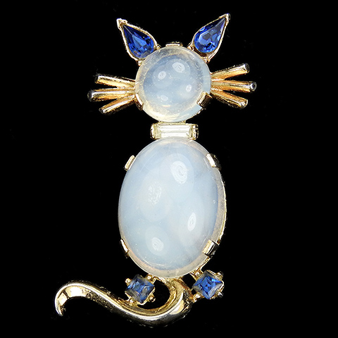 Trifari 'Alfred Philippe' Moonstone Cabochon and Sapphire Ears Cat Pin