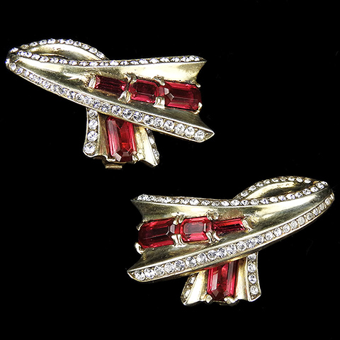 Trifari Sterling 'Alfred Philippe' Gold Pave and Rubies Swirl Clip Earrings
