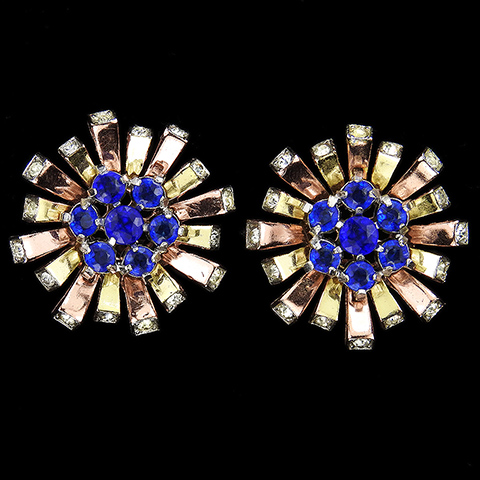 Trifari 'Alfred Philippe' Yellow and Rose Gold with Sapphire and Diamante Spangles Starflower Clip Earrings