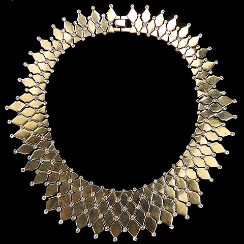 Trifari 'Alfred Philippe' 'Harlequin' Gold Diamond Shapes and Diamante Spangles Tesselated Collar Necklace