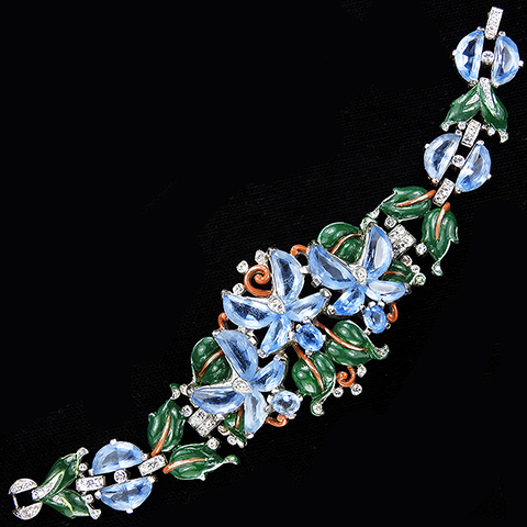 Trifari 'Alfred Philippe' Pave Enamel and Blue Topaz Demilunes Wide Flower Bracelet