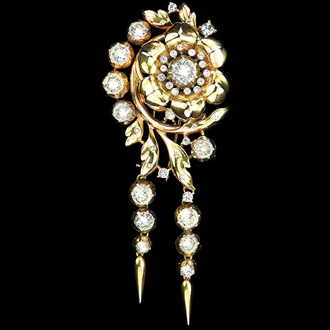 Trifari 'Alfred Philippe' Gold and Pave Climbing Rose Flower Swirl with Double Pendants Pin Clip