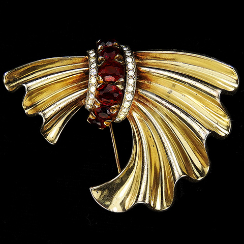 Trifari Sterling 'Alfred Philippe' Rubies and Golden Swag Bow Swirl Pin Clip