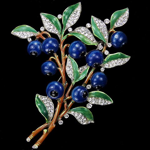 Trifari 'Alfred Philippe' Pave and Enamel Nine Blueberries on Branches with Leaves Pin Clip