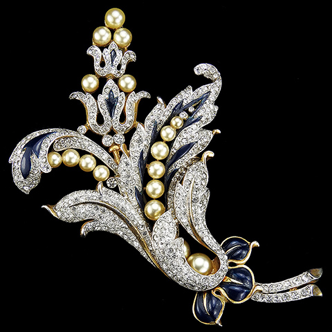 Trifari 'Alfred Philippe' 'Rococo' Empress Eugenie Pave Enamel and Pearls Giant Lily Flower Floral Swirl Pin