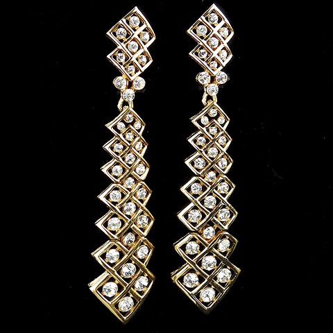 Trifari Gold and Diamond Lattice 'Open Weave Drop' Giant Articulated Pendant Clip Earrings
