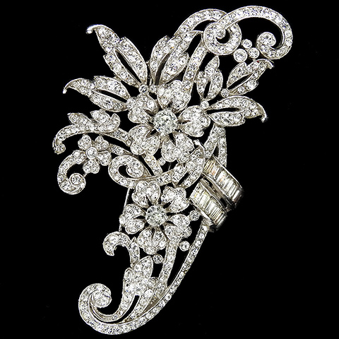 Trifari 'Alfred Philippe' Pave and Baguette Flowers Floral Cornucopia Pin Clip