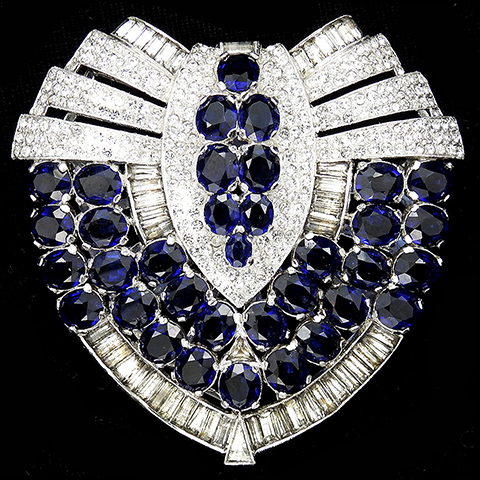 KTF Trifari 'Alfred Philippe' Pave Baguettes and Oval Cut Sapphires Giant Deco Openwork Shield Doorknocker Dress Clip