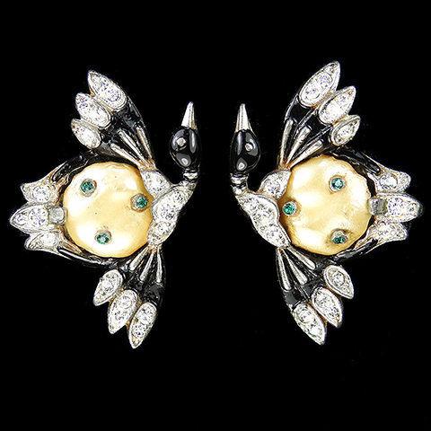 Trifari 'Alfred Philippe' Black Enamel and Pearl Belly Ming Duck Bird Clip Earrings