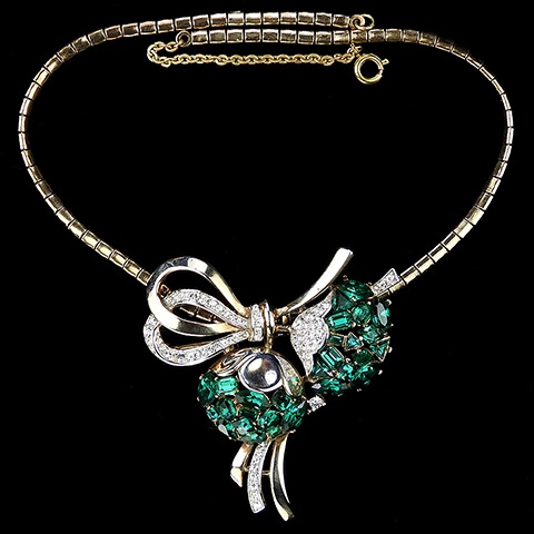 Trifari 'Alfred Philippe' 'Jeweled Symphony' Gold and Pave Bows Two Emerald Flowers Floral Spray Pin or Pendant Necklace