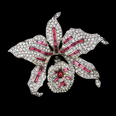 Trifari 'Alfred Philippe' Pave and Baguettes Ruby Orchid Trembler Pin