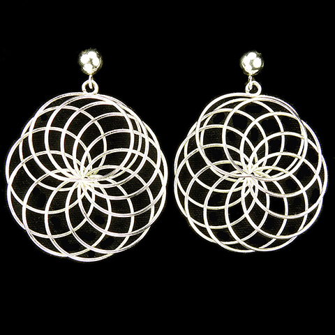 Trifari Silver Spirograph Circles Pendant Clip Earrings